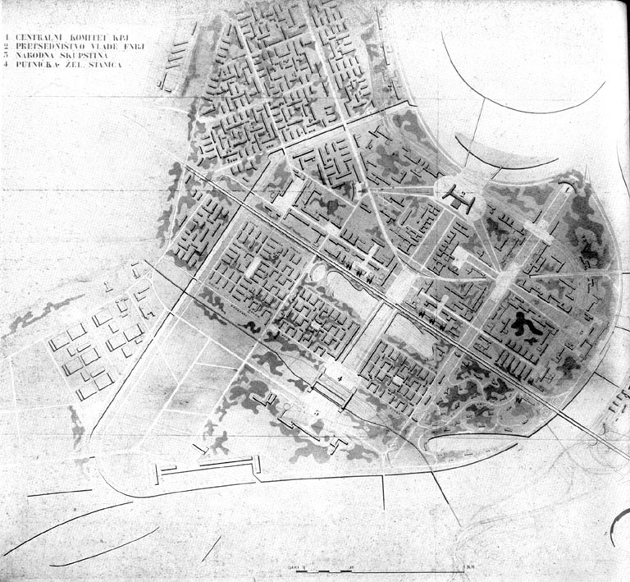 Fig 2: Basic urban plan for New Belgrad central zone. Institute for Urbanism of Serbia, leading architect: Nikola Dobrović, 1948.