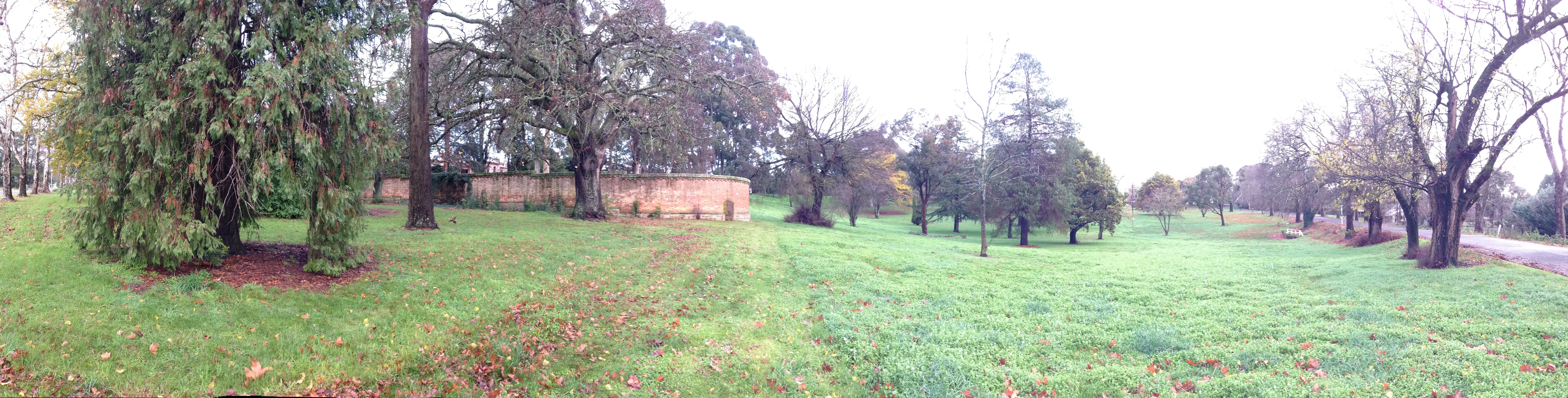 One view of the grounds at Mayday Hills, including part of the dismantled Ha-Ha wall: Photograph by J. Munday, 2014.